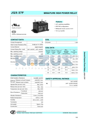 JQX-37F0601HT datasheet - MINIATURE HIGH POWER RELAY