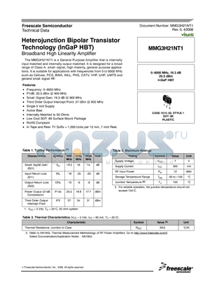 MMG3H21NT1 datasheet - Heterojunction Bipolar Transistor Technology (InGaP HBT) Broadband High Linearity Amplifier