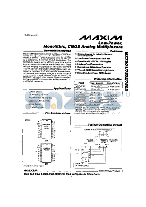 MX7502JN datasheet - Low -Power, Monolithic, CMOS Analog Multiplexers