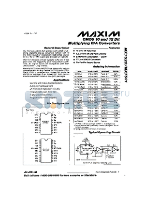 MX7520KD datasheet - CMOS 10 and 12 Bit Multiplying D/A Converters