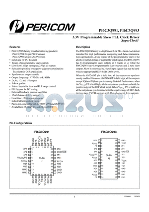 PI6C3Q993-IQ datasheet - 3.3V Programmable Skew PLL Clock Driver