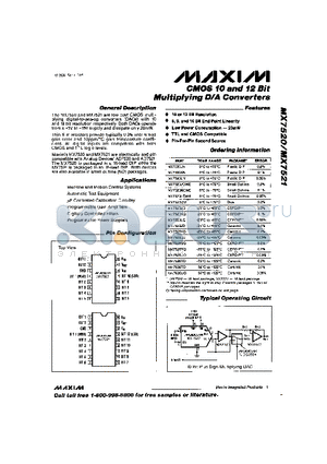 MX7520LCWE datasheet - CMOS 10 and 12 Bit Multiplying D/A Converters