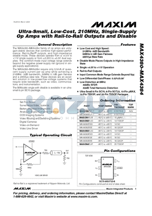 MAX4380 datasheet - Ultra-Small, Low-Cost, 210MHz, Single-Supply Op Amps with Rail-to-Rail Outputs and Disable