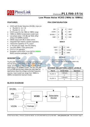 P500-16DC datasheet - Low Phase Noise VCXO (1MHz to 18MHz)