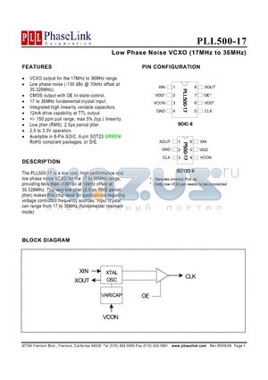 P500-17SCL datasheet - Low Phase Noise VCXO (17MHz to 36MHz)