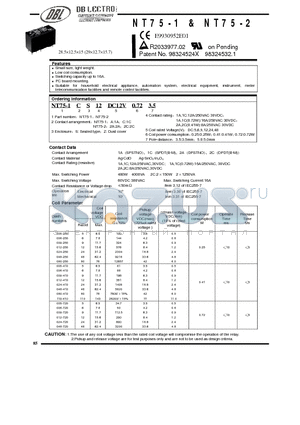 NT75-1AS12DC12V0.413.5 datasheet - Low coil consumption. / Switching capacity up to 16A.