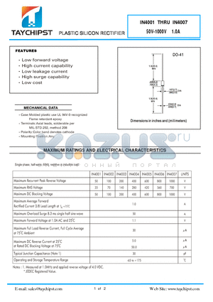 IN4005 datasheet - PLASTIC SILICON RECTIFIER