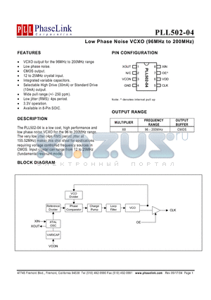 P502-04SC datasheet - Low Phase Noise VCXO (96MHz to 200MHz)