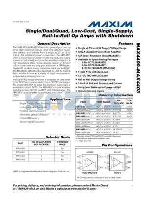 MAX4400 datasheet - Single/Dual/Quad, Low-Cost, Single-Supply Rail-to-Rail Op Amps with Shutdown