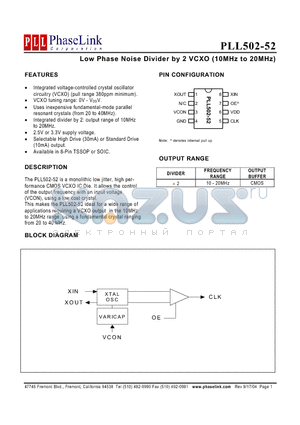 P502-52HOC datasheet - Low Phase Noise Divider by 2 VCXO (10MHz to 20MHz)