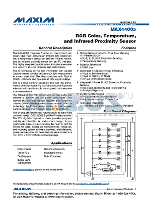 MAX44005 datasheet - RGB Color, Temperature,and Infrared Proximity Sensor