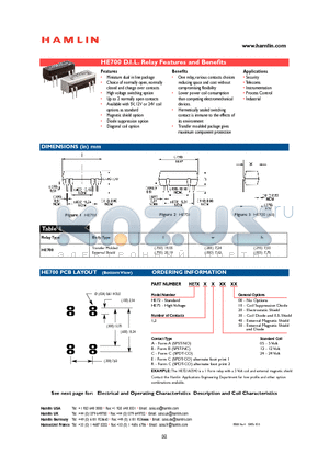 HE700 datasheet - D.I.L. Relay Features and Benefits