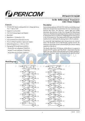 PI74ALVTC16245 datasheet - 16-Bit BiDirectional Transceiver with 3-State Outputs