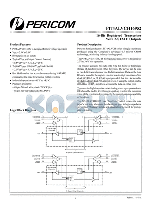 PI74ALVCH16952 datasheet - 16-Bit Registered Transceiver With 3-STATE Outputs