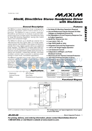 MAX4410EUD datasheet - 80mW, DirectDrive Stereo Headphone Driver with Shutdown