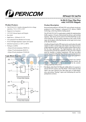 PI74ALVTC16374 datasheet - 16-Bit D-Type Flip-Flop with 3-STATE Outputs