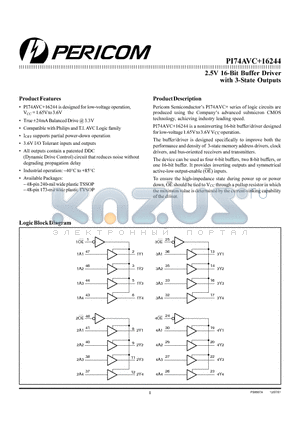 PI74AVC16244A datasheet - 2.5V 16-Bit Buffer Driver with 3-State Outputs