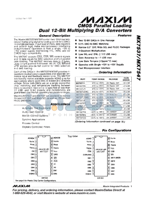 MX7537KP datasheet - CMOS Parallel Loading Dual 12-Bit multiplying D/A COnverters