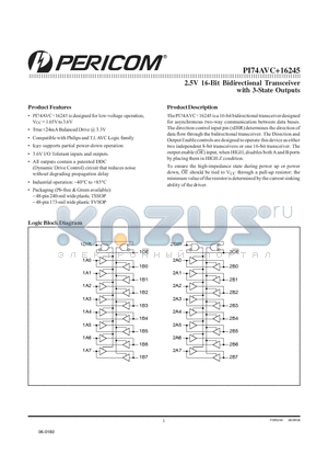 PI74AVC16245_06 datasheet - 2.5V 16-Bit Bidirectional Transceiver with 3-State Outputs
