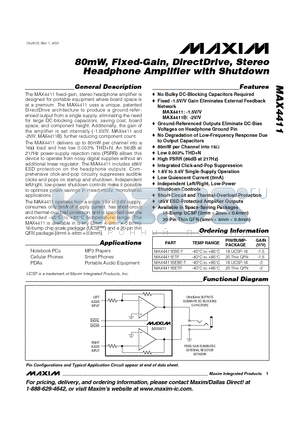 MAX4411ETP datasheet - 80mW, Fixed-Gain, DirectDrive, Stereo Headphone Amplifier with Shutdown