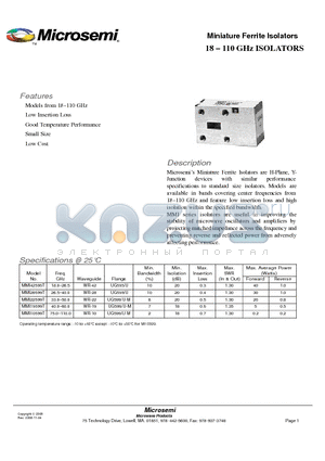 MMI10599T datasheet - Miniature Ferrite Isolators 18 - 110 GHz ISOLATORS