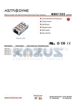 MMK150S-24 datasheet - Medical Grade 150 Watt Enclosed Switching Power Supplies