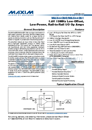 MAX44260AYT+ datasheet - 1.8V 15MHz Low-Offset, Low-Power, Rail-to-Rail I/O Op Amps