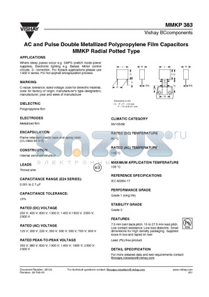 MMKP383 datasheet - AC and Pulse Double Metallized Polypropylene Film Capacitors MMKP Radial Potted Type
