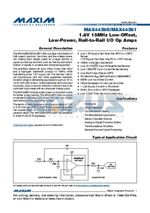 MAX44261 datasheet - 1.8V 15MHz Low-Offset, Low-Power, Rail-to-Rail I/O Op Amps 500fA Low Input Bias Current