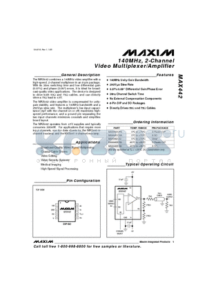 MAX442CPA datasheet - 140MHz, 2-Channel Video Multiplexer/Amplifier