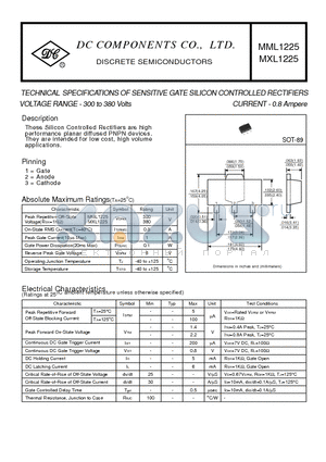 MML1225 datasheet - TECHNICAL SPECIFICATIONS OF SENSITIVE GATE SILICON CONTROLLED RECTIFIERS VOLTAGE RANGE - 300 to 380 Volts