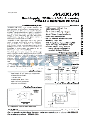MAX4433EUA datasheet - Dual-Supply, 180MHz, 16-Bit Accurate, Ultra-Low Distortion Op Amps