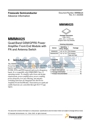 MMM6025 datasheet - Quad-Band GSM/GPRS Power Amplifier Front-End Module with PA and Antenna Switch