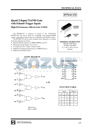 IN74AC132D datasheet - Quad 2-Input NAND Gate with Schmitt-Trigger Inputs High-Performance Silicon-Gate CMOS