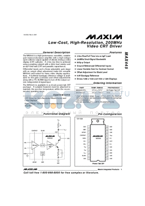 MAX445 datasheet - Low-Cost, High-Resolution, 200MHz Video CRT Driver