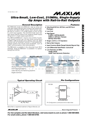 MAX4451 datasheet - Ultra-Small, Low-Cost, 210MHz, Single-Supply Op Amps with Rail-to-Rail Outputs