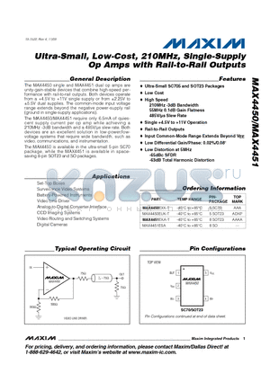 MAX4450EXK-T datasheet - Ultra-Small, Low-Cost, 210MHz, Single-Supply Op Amps with Rail-to-Rail Outputs