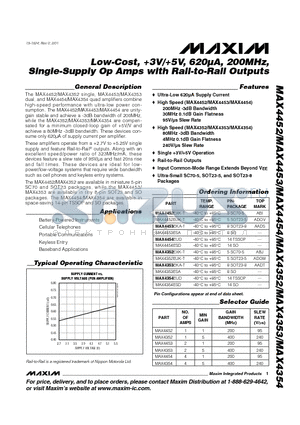 MAX4452EXK-T datasheet - Low-Cost, 3V/5V, 620lA, 200MHz, Single-Supply Op Amps with Rail-to-Rail Outputs