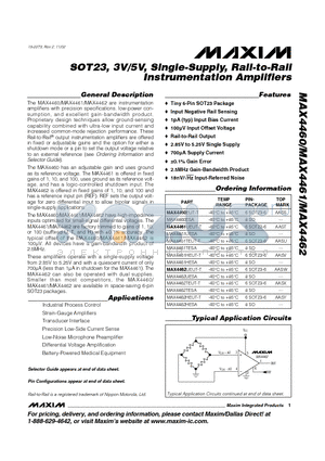 MAX4461UEUT-T datasheet - SOT23, 3V/5V, Single-Supply, Rail-to-Rail Instrumentation Amplifiers