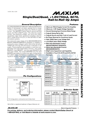 MAX4464EUK-T datasheet - Single/Dual/Quad, 1.8V/750nA, SC70, Rail-to-Rail Op Amps