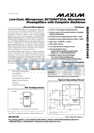 MAX4465EUK-T datasheet - Low-Cost, Micropower, SC70/SOT23-8, Microphone Preamplifiers with Complete Shutdown