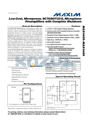 MAX4466 datasheet - Low-Cost, Micropower, SC70/SOT23-8, Microphone Preamplifiers with Complete Shutdown