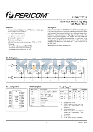 PI74FCT273CTS datasheet - Fast CMOS Octal D Flip-Flop with Master Reset