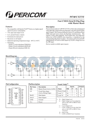 PI74FCT273ATQ datasheet - Fast CMOS Octal D Flip-Flop with Master Reset