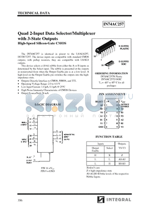 IN74AC257N datasheet - Quad 2-Input Date Selector/Multiplexer with 3-State Outputs High-Speed Silicon-Gate CMOS