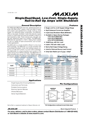MAX4480AUK-T datasheet - Single/Dual/Quad, Low-Cost, Single-Supply, Rail-to-Rail Op Amps with Shutdown