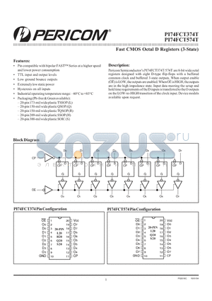 PI74FCT374T datasheet - Fast CMOS Octal D Registers (3-State)