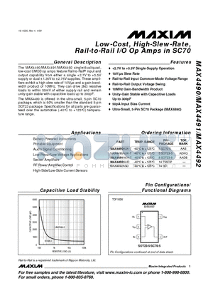 MAX4491 datasheet - Low-Cost, High-Slew-Rate, Rail-to-Rail I/O Op Amps in SC70