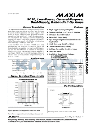 MAX4493AUK-T datasheet - SC70, Low-Power, General-Purpose, Dual-Supply, Rail-to-Rail Op Amps