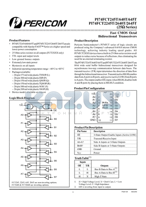 PI74FCT640T datasheet - Fast CMOS Octal Bidirectional Transceivers